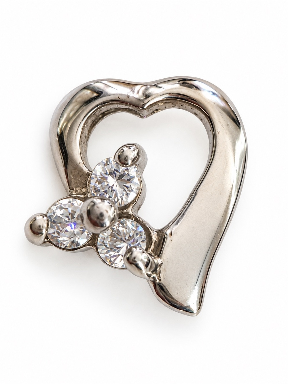 Vintage 925 Sterling Silver Open Heart Pendant with Three Clear Stones